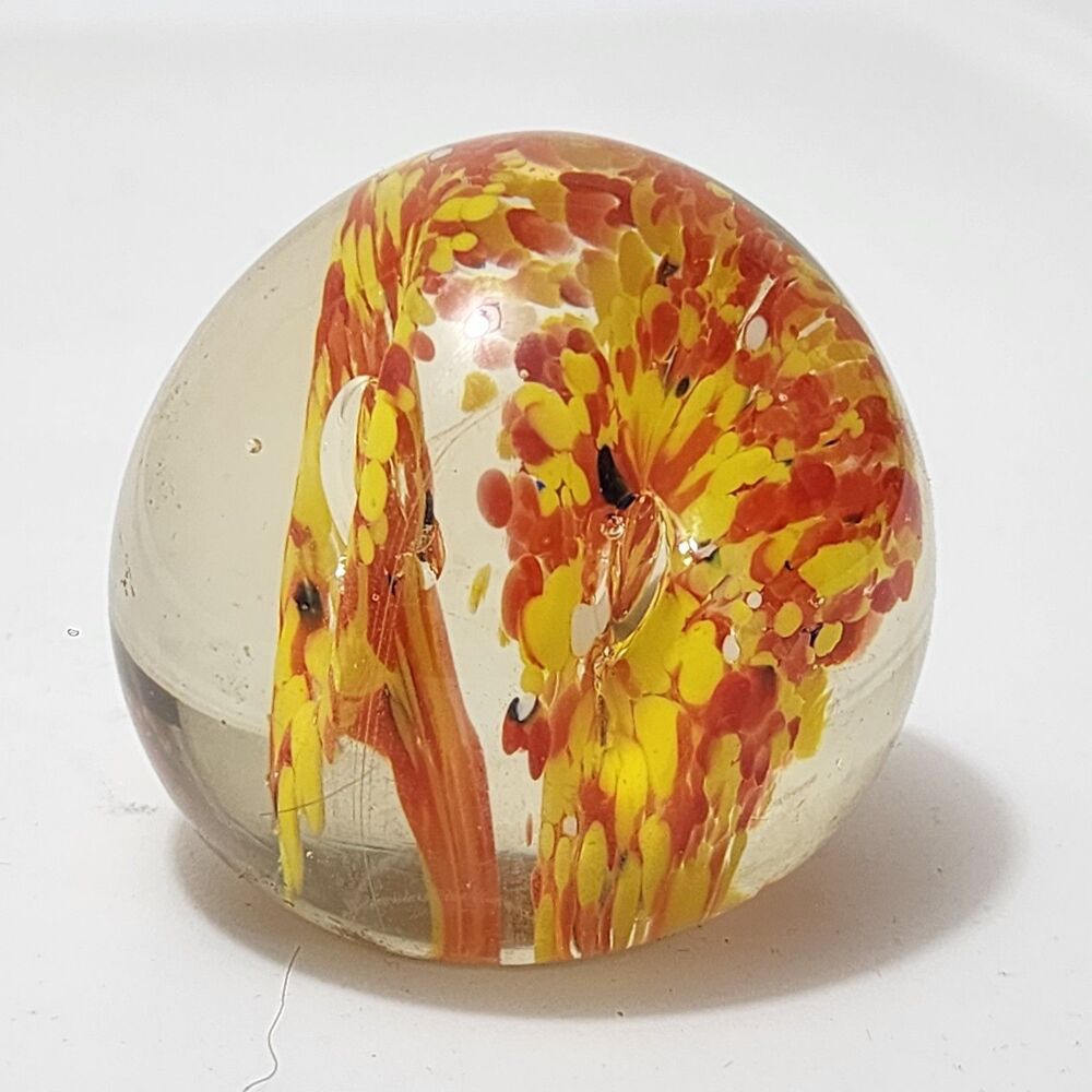 Vintage Art Glass Paperweight Floral Red Yellow Confetti circa 1970s Clear Glass